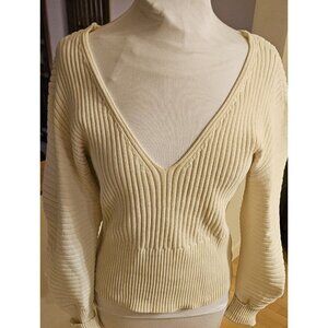 Express Ivory Balloon Sleeve V Neck Pull Over Knit Sweater Sz M Flattering Fit